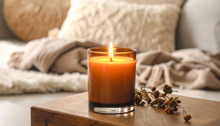 Burning candle on wooden table in living room. Space for textの素材