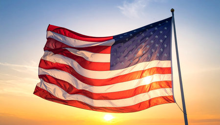 American flag waving in the wind on a background of the setting sunの素材