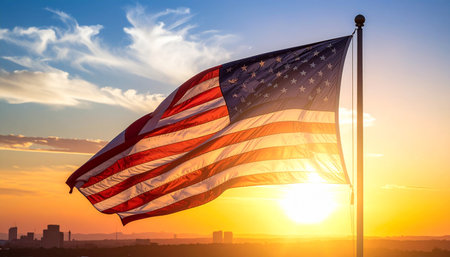 American flag waving in the wind with city skyline and sunset background.の素材