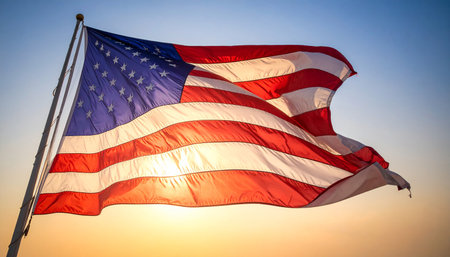 American flag on blue sky background, United States of America national flagの素材