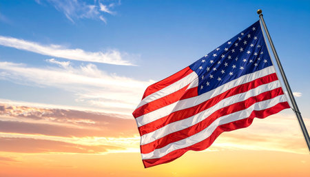 American flag waving in the wind at sunset. 3d render.の素材