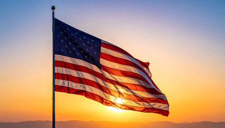 American flag waving in the wind on the background of the sunset.の素材