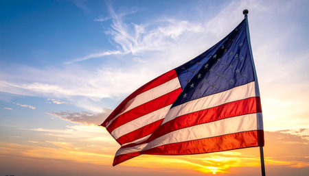 American flag waving in the wind at sunset. United States of America.の素材