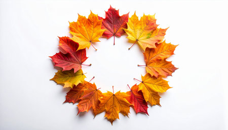 Autumn composition. Frame made of autumn leaves on white background. Flat lay, top view, copy spaceの素材