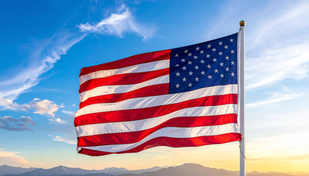 Flag of United States of America waving in the wind against the blue skyの素材