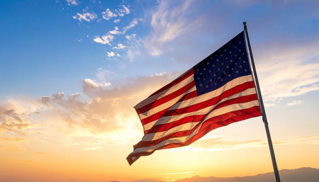 American flag waving in the wind at sunset. United States of Americaの素材