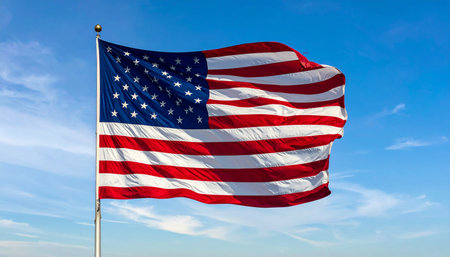 Flag of United States of America waving in the wind against blue skyの素材