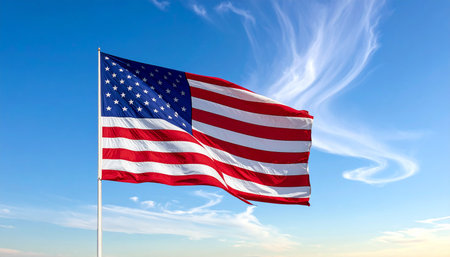 American flag waving in the wind against a blue sky with white cloudsの素材