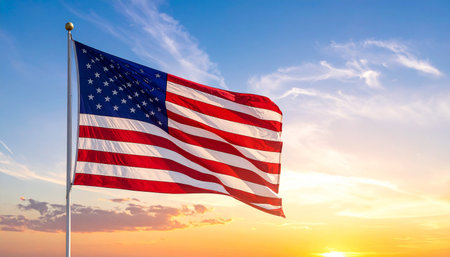 American flag waving in the wind at sunset, United States of Americaの素材