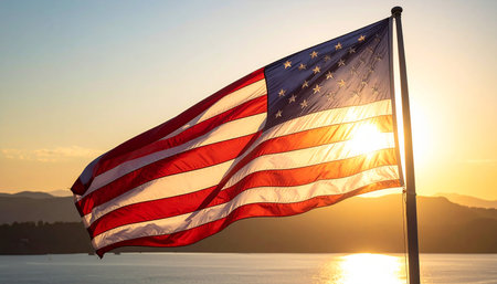 American flag waving in the wind against the background of the setting sunの素材