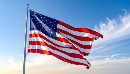 American flag waving in the wind on blue sky background. United States of America.の素材