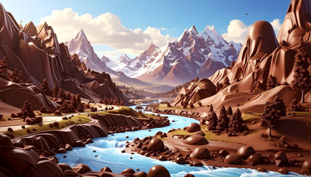 Fantasy landscape with mountains and river. 3d render illustration.の素材