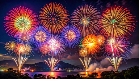 Colorful fireworks of various colors over the sea at Phuket, Thailandの素材