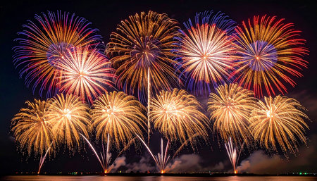 Colorful fireworks of various colors over night sky for celebration and anniversaryの素材