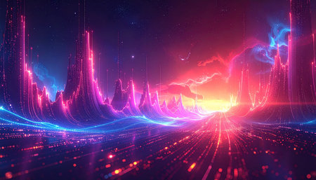 3d render, abstract background with glowing particles, lines and wavesの素材