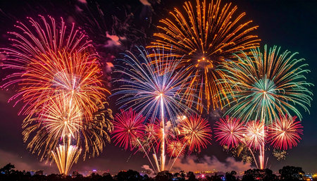 Colorful fireworks of various colors over night sky, celebration and anniversary conceptの素材
