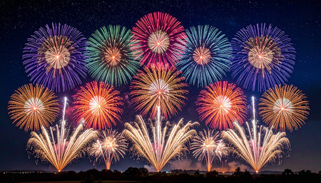 Colorful fireworks of various colors over night sky, celebration and anniversary conceptの素材