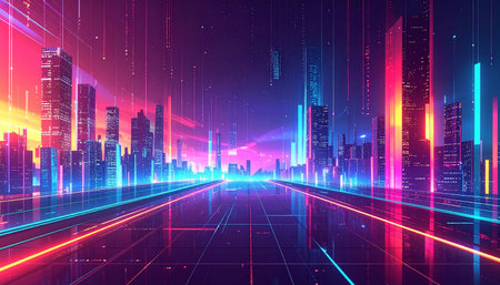 Futuristic city with neon lights. Cyberpunk style. Vector illustration.の素材
