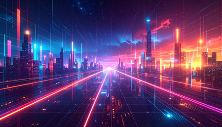 Futuristic night city with neon lights. Futuristic cityscape. Vector illustration.の素材