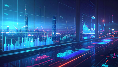 Futuristic city with glowing forex chart. Stock market concept. 3D Renderingの素材
