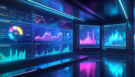 Futuristic blue business interior with glowing forex chart. 3D Renderingの素材