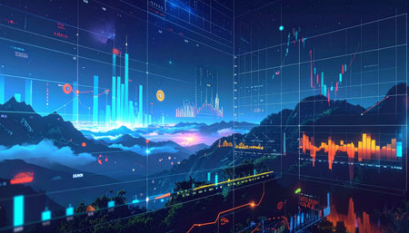 Foggy mountain landscape with glowing graphs and data. 3D renderingの素材