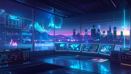 3D rendering of a futuristic room with a view of the cityの素材