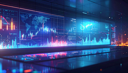 Futuristic screen with glowing forex chart. 3d renderingの素材