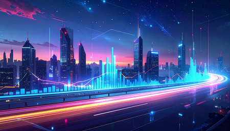 Night cityscape with light trails and glowing forex chart. Concept of trading, investment and stock market.の素材