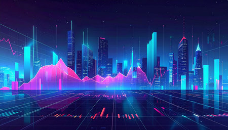 Futuristic cityscape with glowing forex charts. Vector illustrationの素材