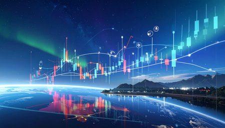 Background image with financial charts and graphs on virtual screen. Elements of this image furnished by NASAの素材