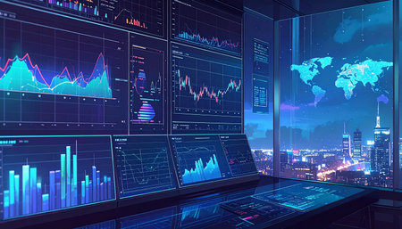 3d rendering of virtual screen with financial charts and graphs on city backgroundの素材