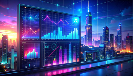 Financial chart on the window with cityscape and skyscrapers backgroundの素材