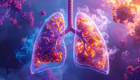 Human lungs with cancer cells, 3d illustration, horizontal, over blue backgroundの素材