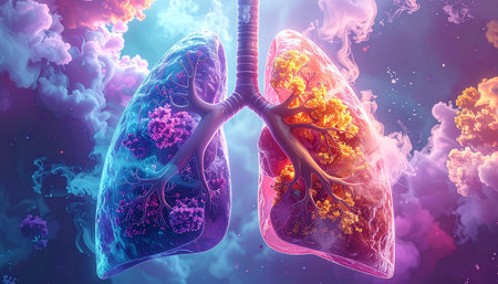 Human lungs with nebulae, 3D illustration, horizontal, over dark backgroundの素材