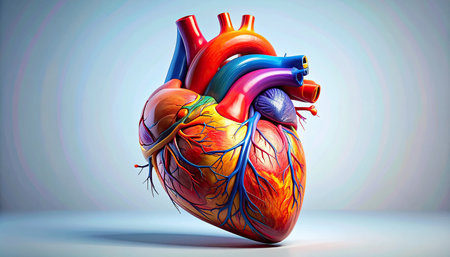 Human heart anatomy. 3D illustration of human heart anatomy on blue backgroundの素材