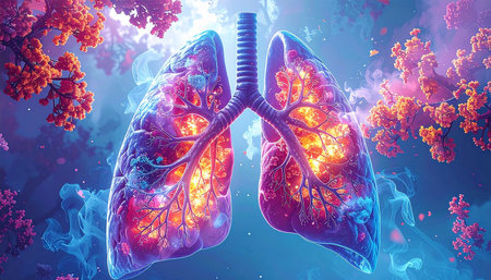 Human lungs in blue and red background. 3D illustration. Elements of this image furnished by NASAの素材