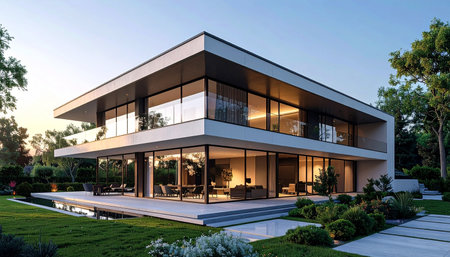 3d rendering of modern cozy house with pool and parking for sale or rentの素材