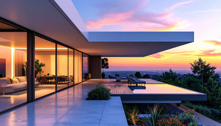 Luxury house with terrace overlooking the sunset. 3d renderingの素材