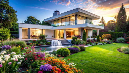 Luxury house with beautiful landscaping on the backyard at sunset.の素材