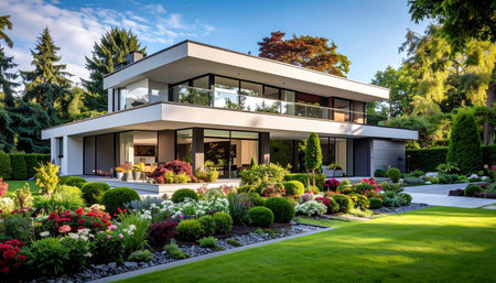 Modern house with beautiful landscaped garden, view from the lawn.の素材