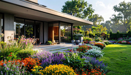 Luxury villa exterior with flower garden in the morning.の素材