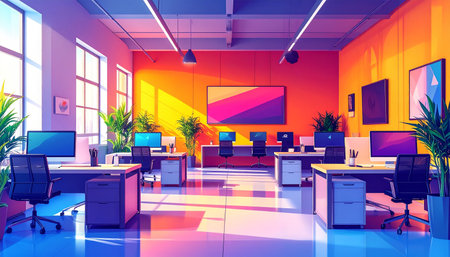 Modern office interior. Workplace with computers and plants. 3D renderingの素材