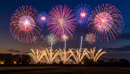 Colorful fireworks of various colors over night sky background, Thailand.の素材