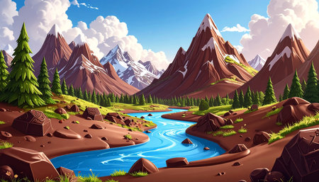 Mountain landscape with blue river in the valley. Vector illustration.の素材