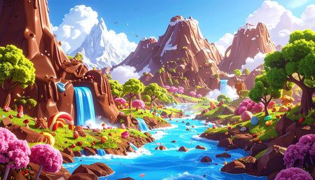 Fantasy landscape with waterfall and mountains. 3d render illustration.の素材