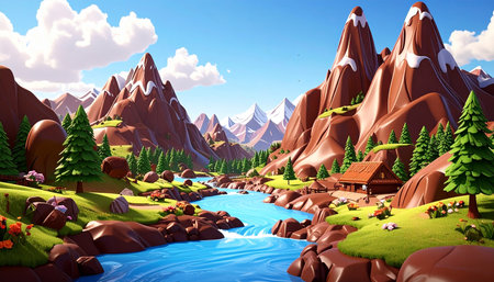 Fantasy mountain landscape with river and wooden house, 3d illustrationの素材