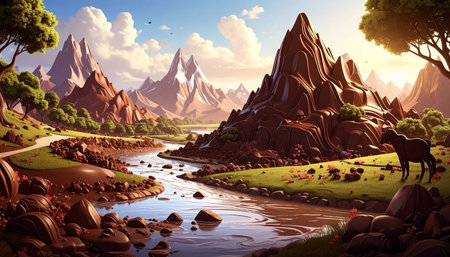 Fantasy landscape with mountains and river. 3d render illustration.の素材