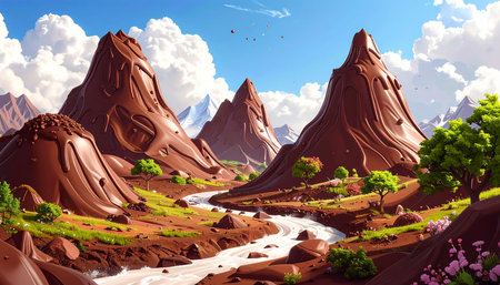 Fantasy landscape with mountains and river. 3d render illustration.の素材