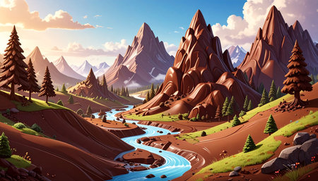 Fantasy landscape with river and mountains in the background. Vector illustrationの素材